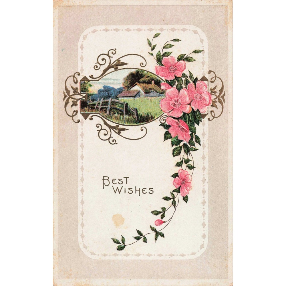 Vintage Best Wishes Postcard Pink Floral Countryside Landscape Made in USA VG - Picture 1 of 2